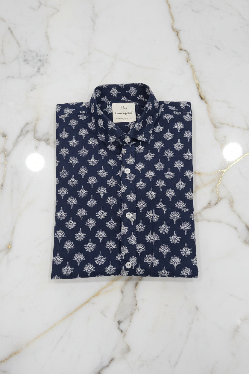Cotton Mens Half Sleeve Shirt with White Flower Printed Pattern in Navy Blue Color, Size Large
