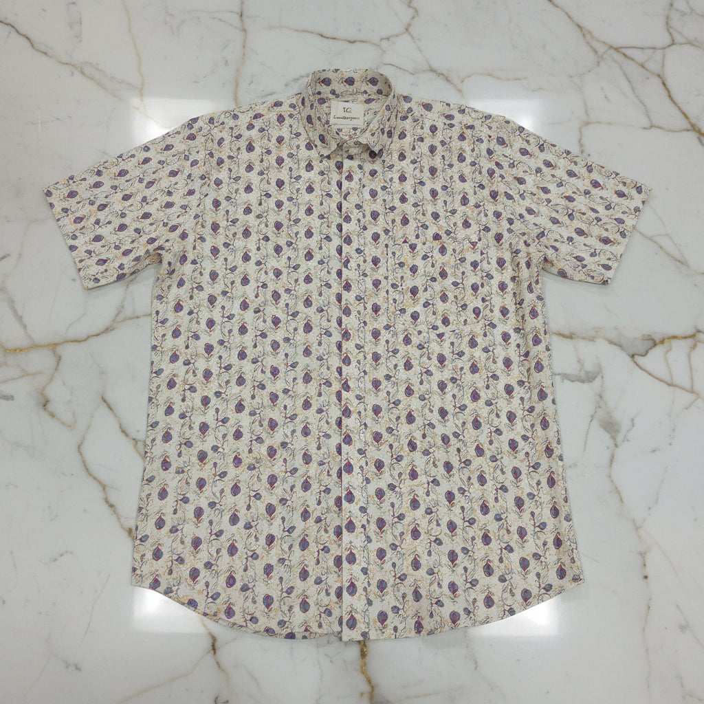 Cotton Mens Half Sleeve Shirt with Purple Flower Printed Pattern in Cream Color, Size Large