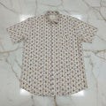 Cotton Mens Half Sleeve Shirt with Purple Flower Printed Pattern in Cream Color, Size Large