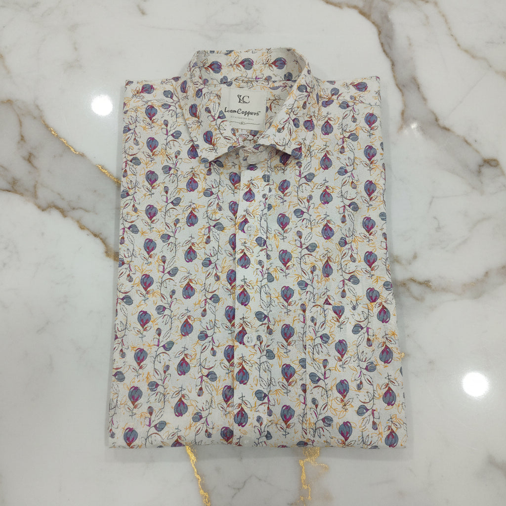 Cotton Mens Half Sleeve Shirt with Purple Flower Printed Pattern in Cream Color, Size Large