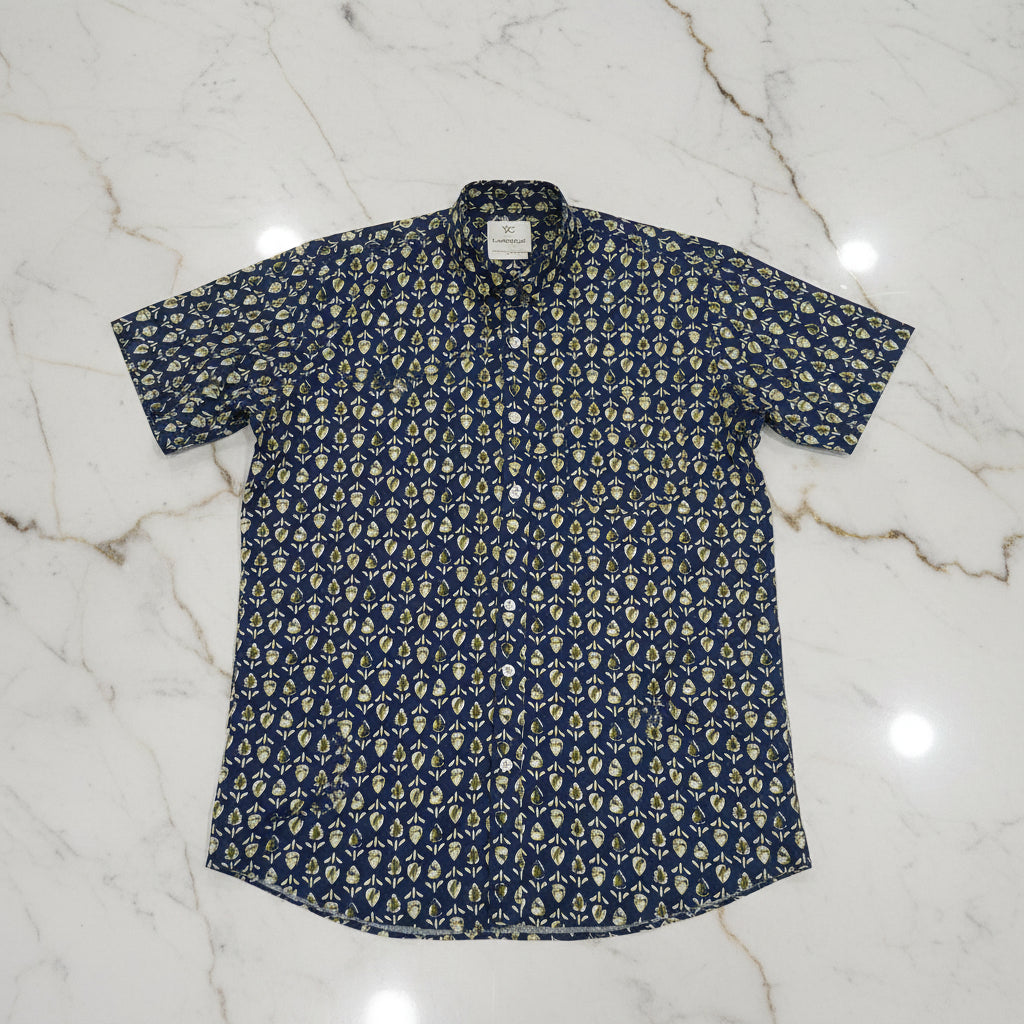 Cotton Mens Half Sleeve Shirt with Yellow Flower Printed Pattern in Navy Blue Color, Size Large
