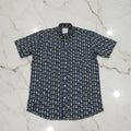 Cotton Mens Half Sleeve Shirt with Yellow Flower Printed Pattern in Navy Blue Color, Size Large