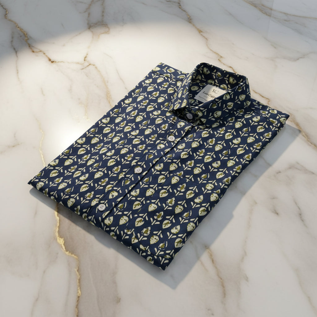 Cotton Mens Half Sleeve Shirt with Yellow Flower Printed Pattern in Navy Blue Color, Size Large