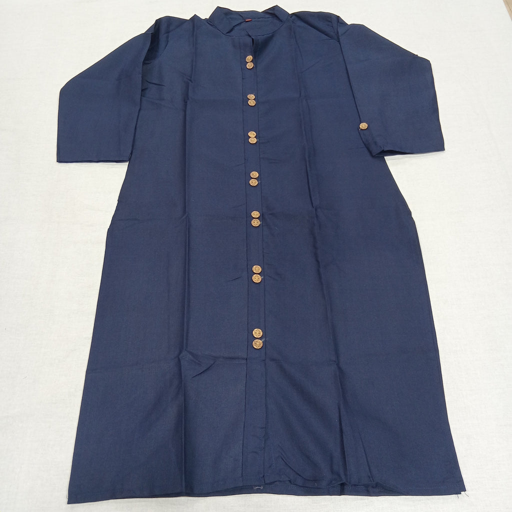 Cotton Kurti Straight Cut with Wooden Buttons in Dark Blue Color