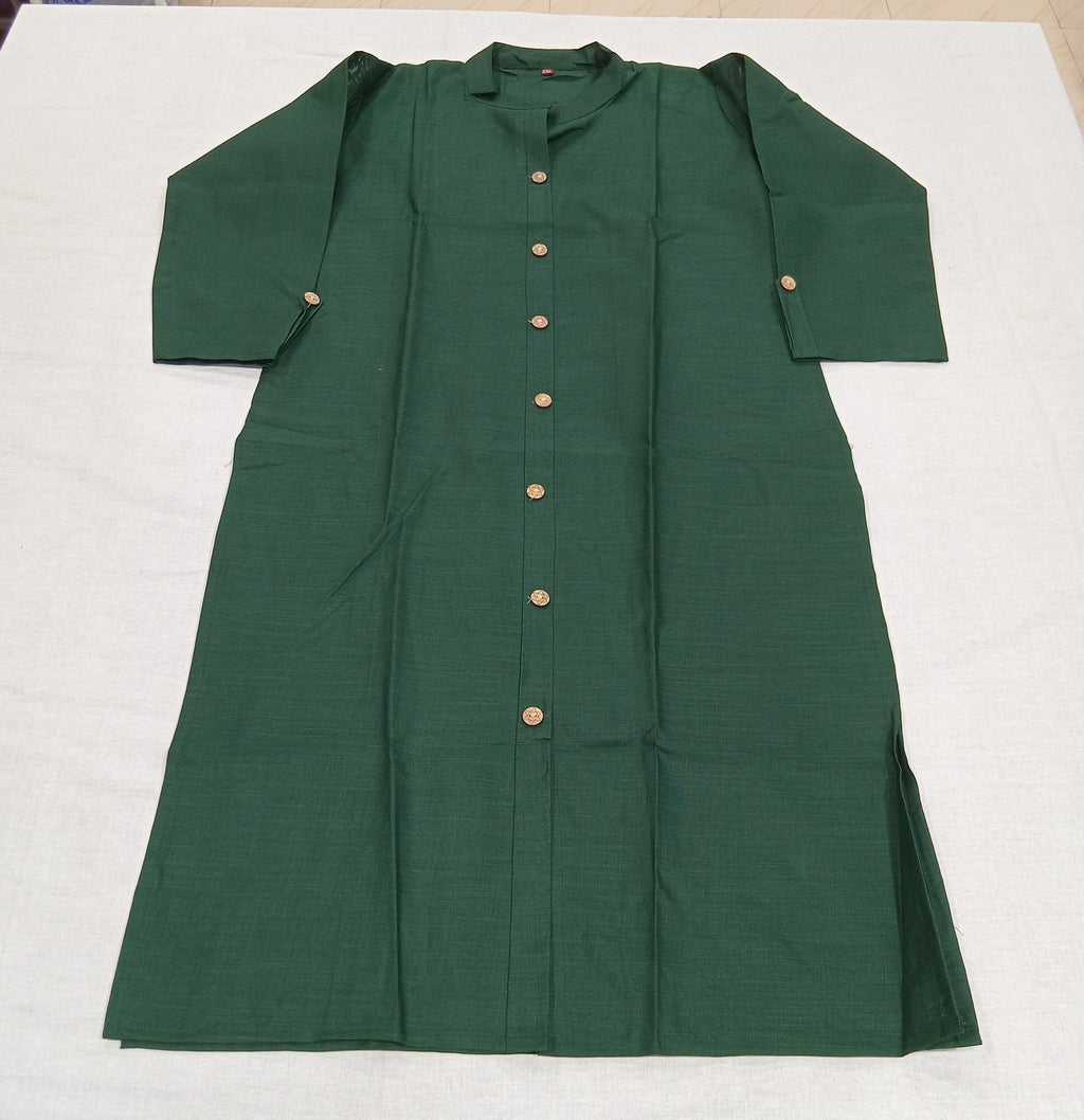 Cotton Kurti Straight Cut with Wooden Buttons in Dark Green Color