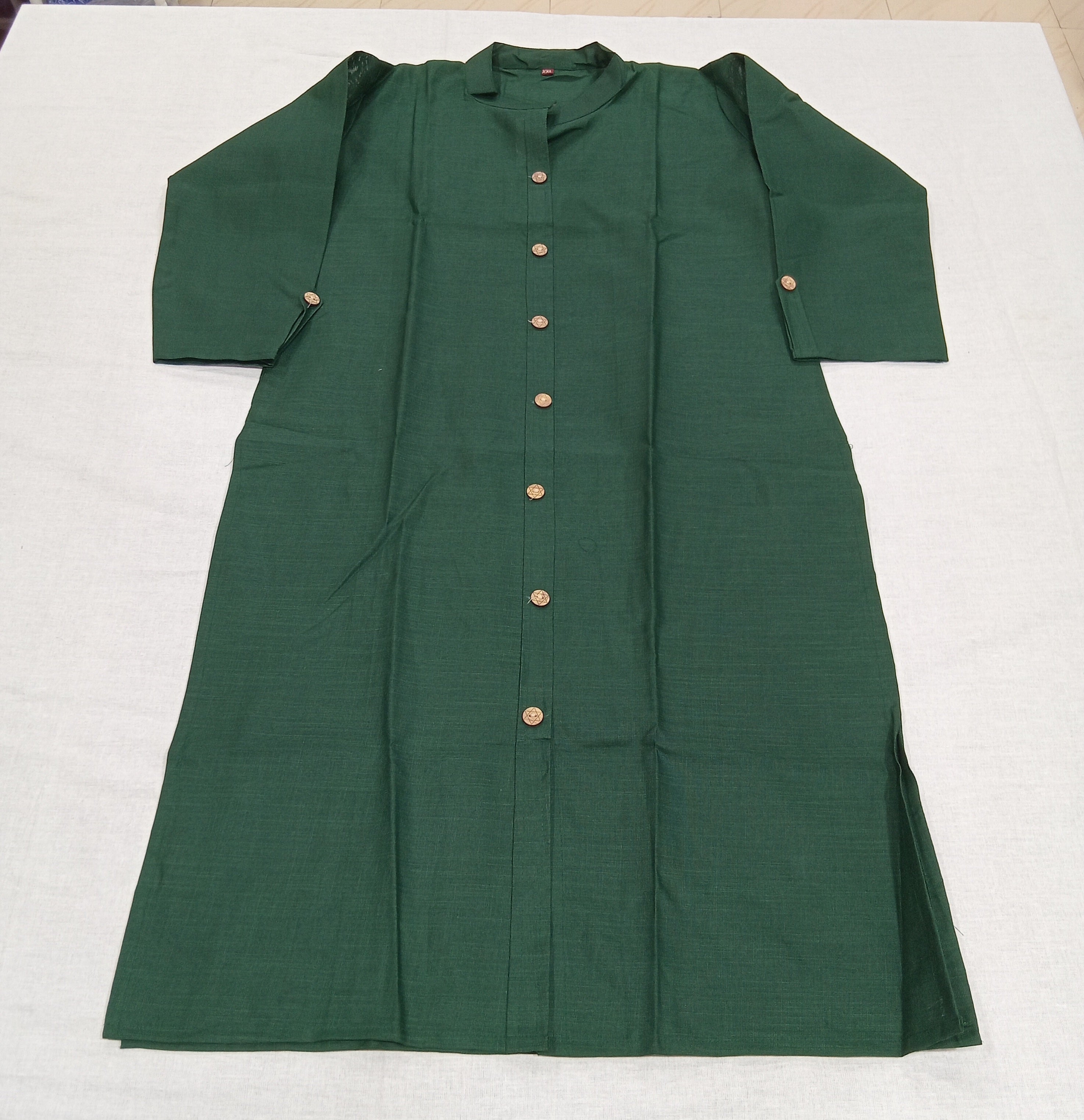 Cotton Kurti Straight Cut with Wooden Buttons in Dark Green Color
