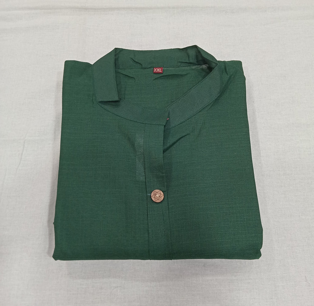 Cotton Kurti Straight Cut with Wooden Buttons in Dark Green Color
