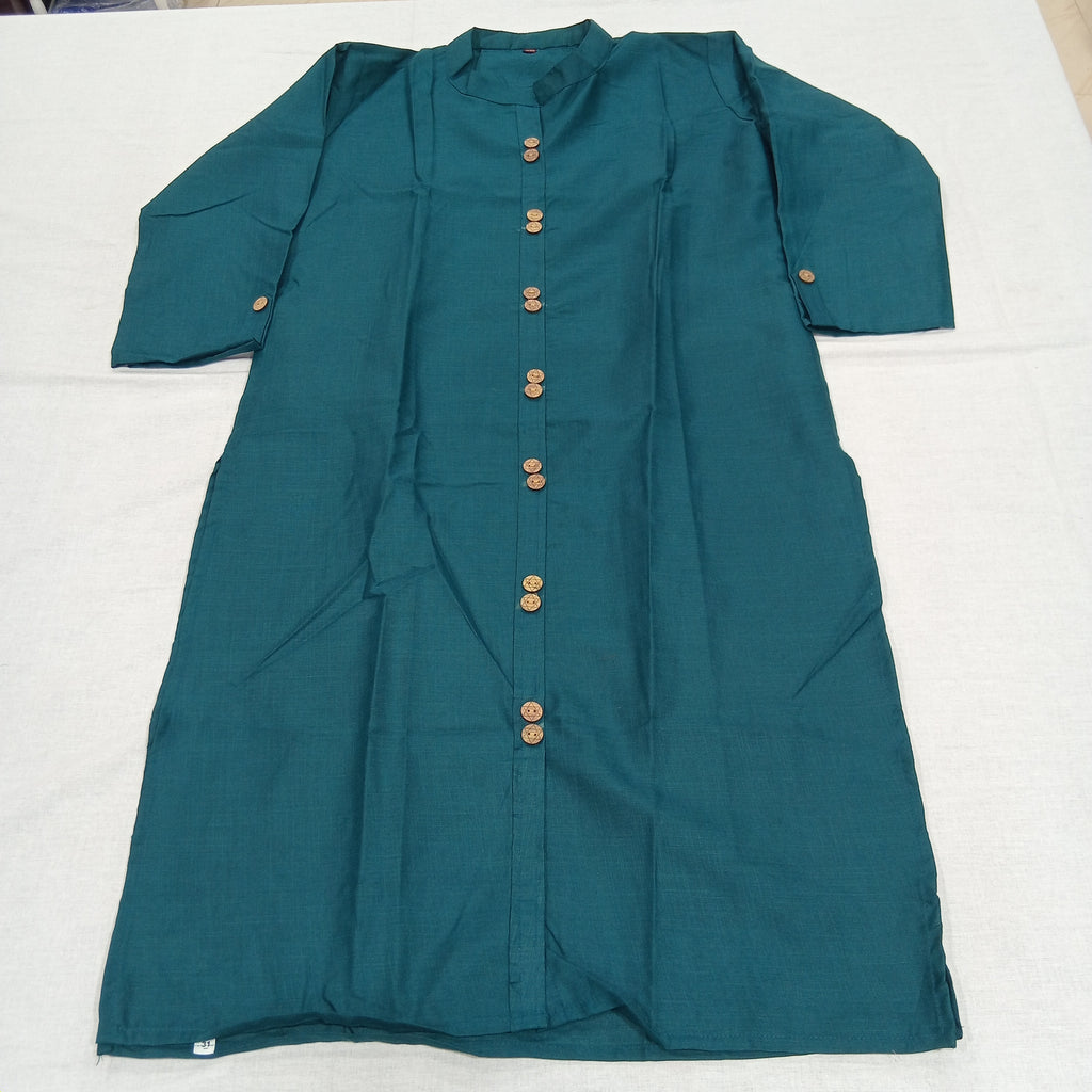Cotton Kurti Straight Cut with Wooden Buttons in Bluish Green color