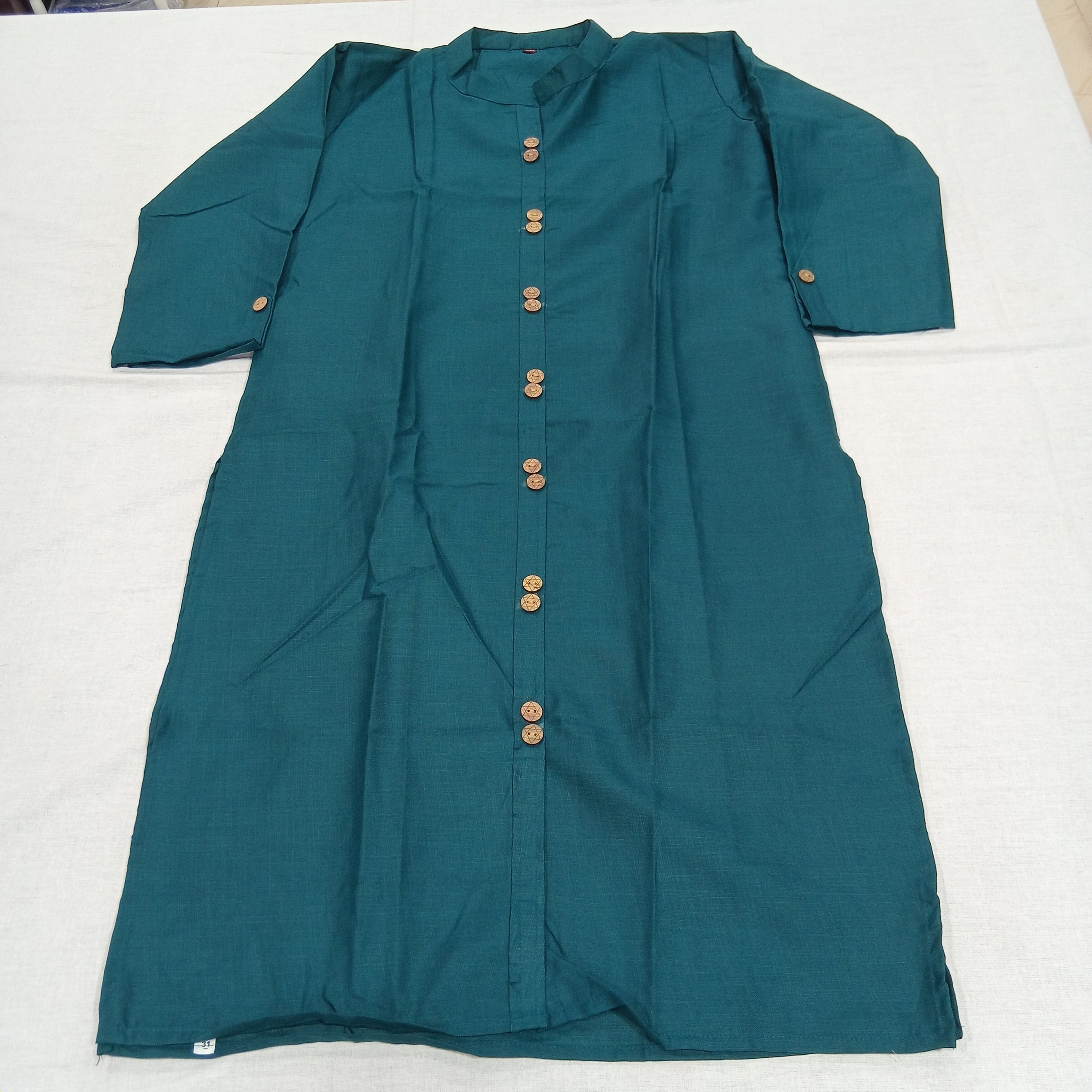 Cotton Kurti Straight Cut with Wooden Buttons in Bluish Green color