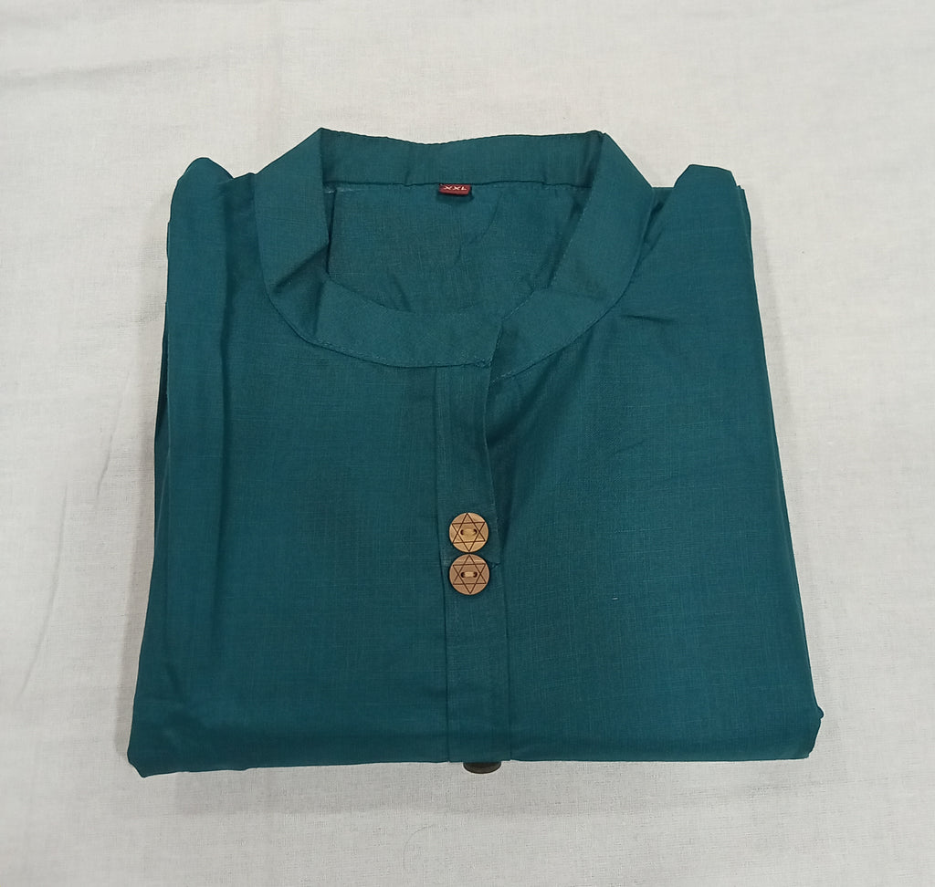 Cotton Kurti Straight Cut with Wooden Buttons in Bluish Green color