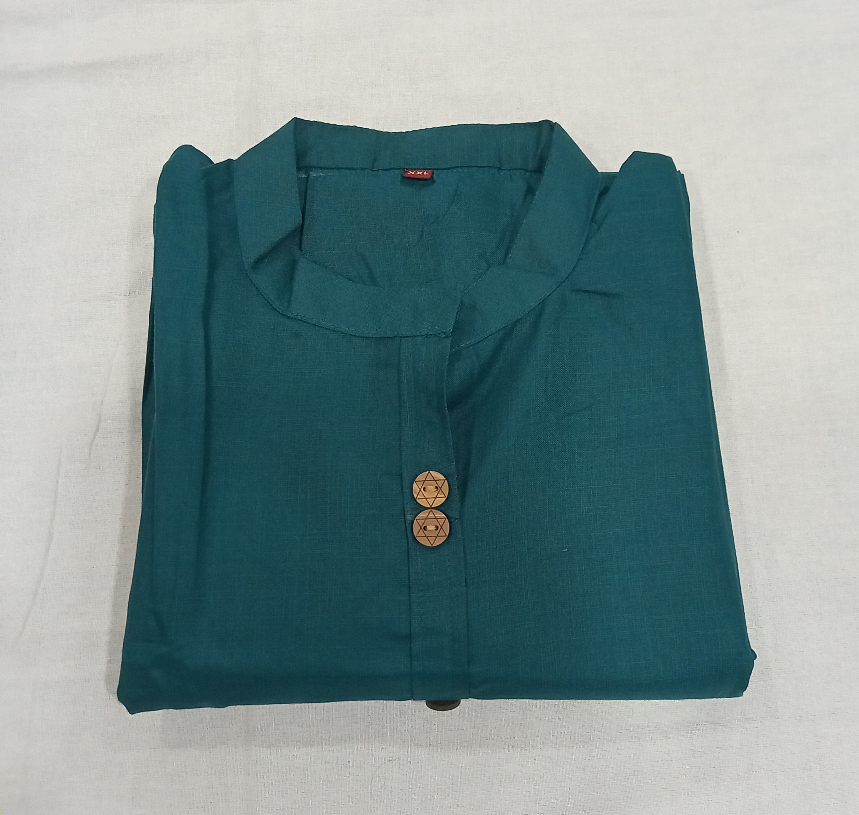 Cotton Kurti Straight Cut with Wooden Buttons in Bluish Green color