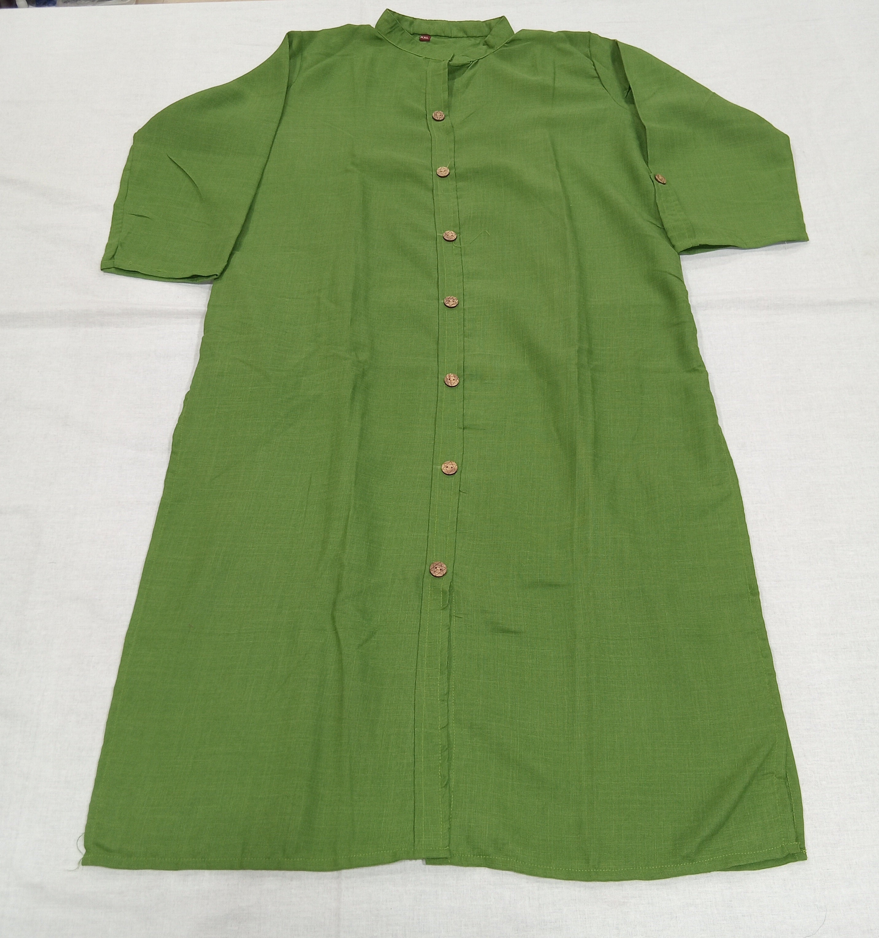 Cotton Kurti Straight Cut with Wooden Buttons in Leaf Green Color