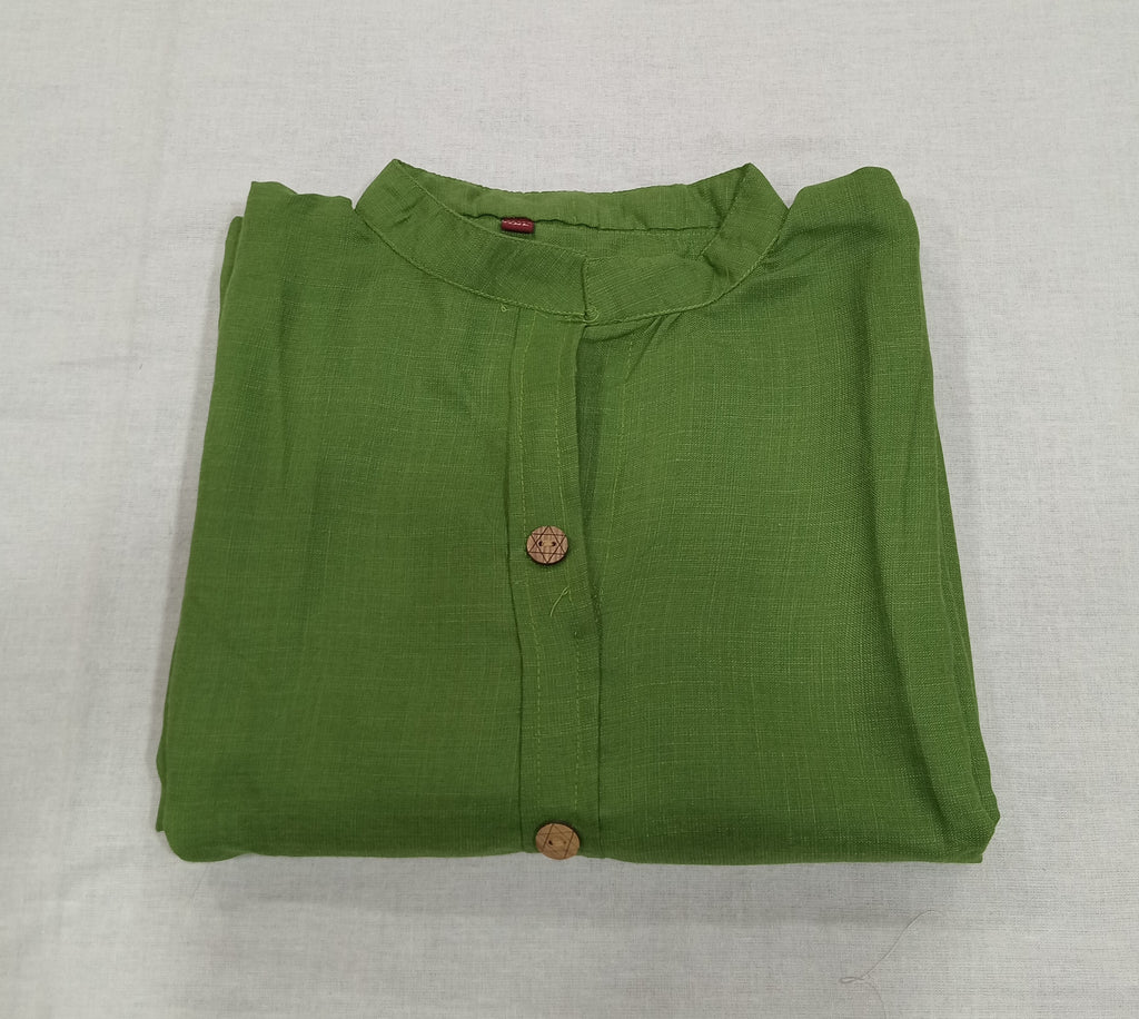 Cotton Kurti Straight Cut with Wooden Buttons in Leaf Green Color