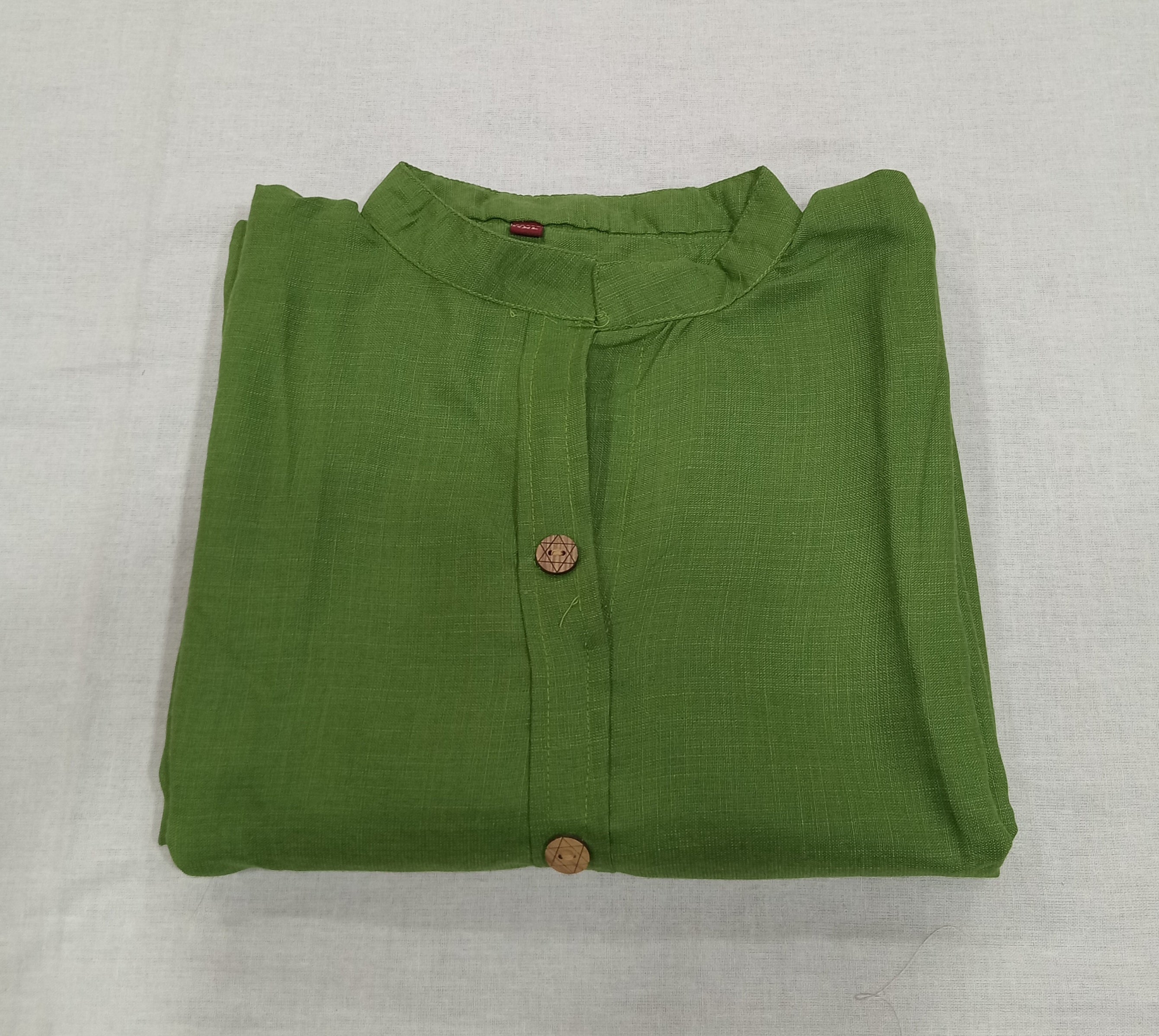 Cotton Kurti Straight Cut with Wooden Buttons in Leaf Green Color