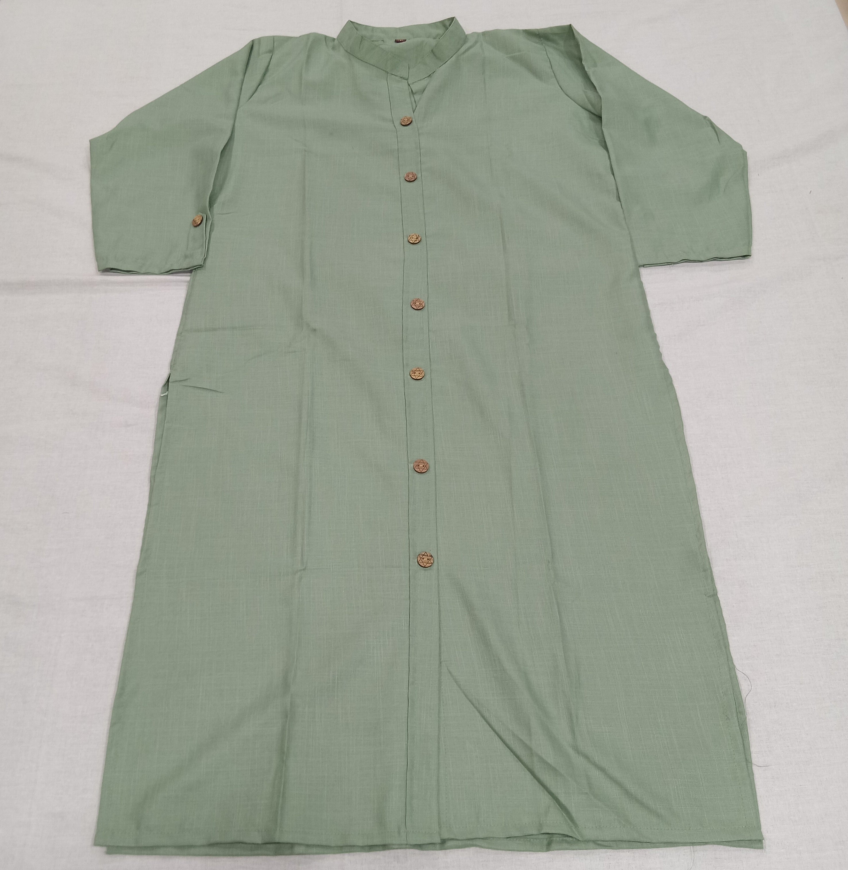 Cotton Kurti Straight Cut with Wooden Buttons in Light Green Color