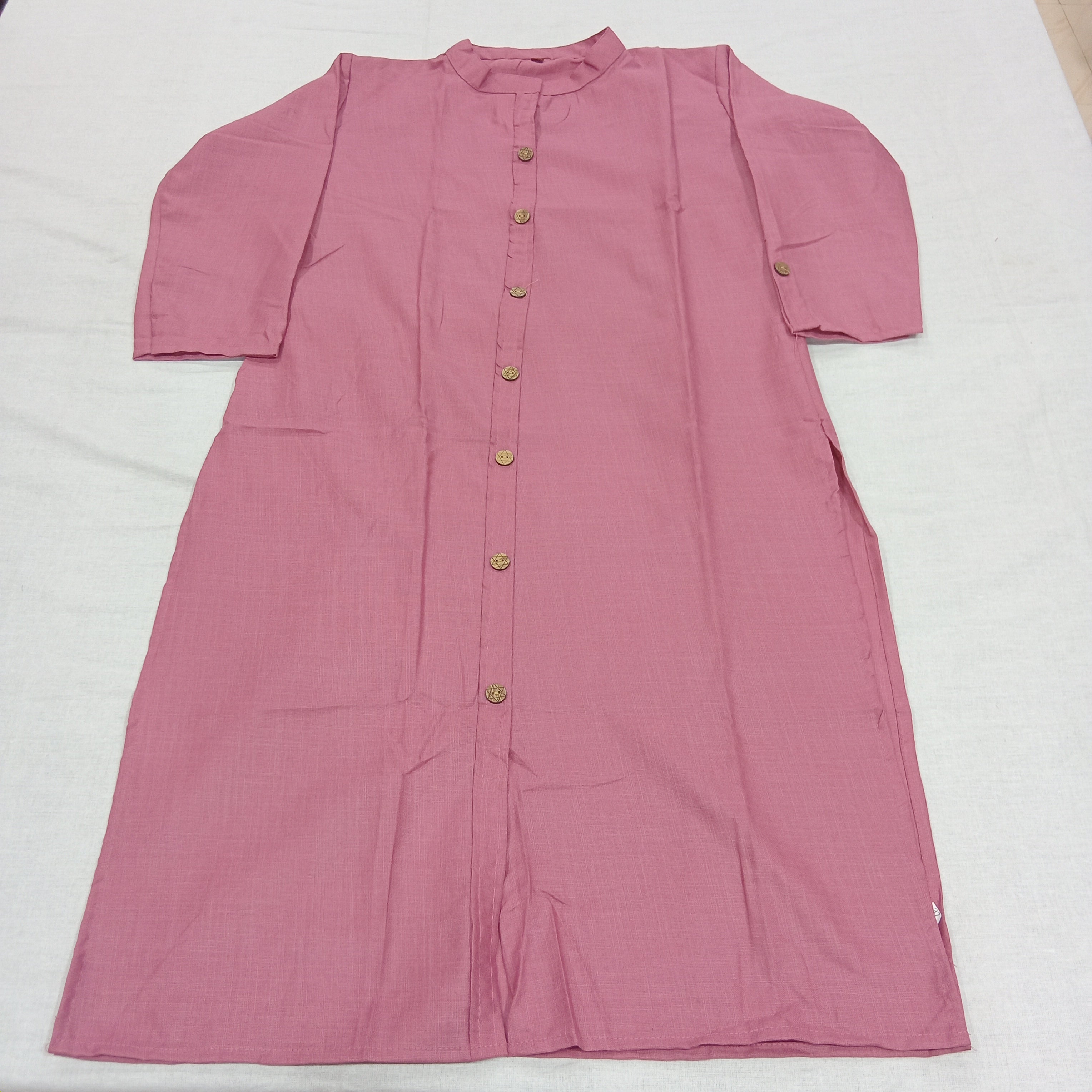 Cotton Kurti Straight Cut with Wooden Buttons in Dusty Pink Color
