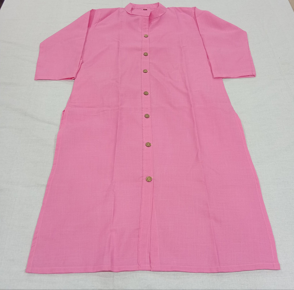 Cotton Kurti Straight Cut with Wooden Buttons in Pink Color