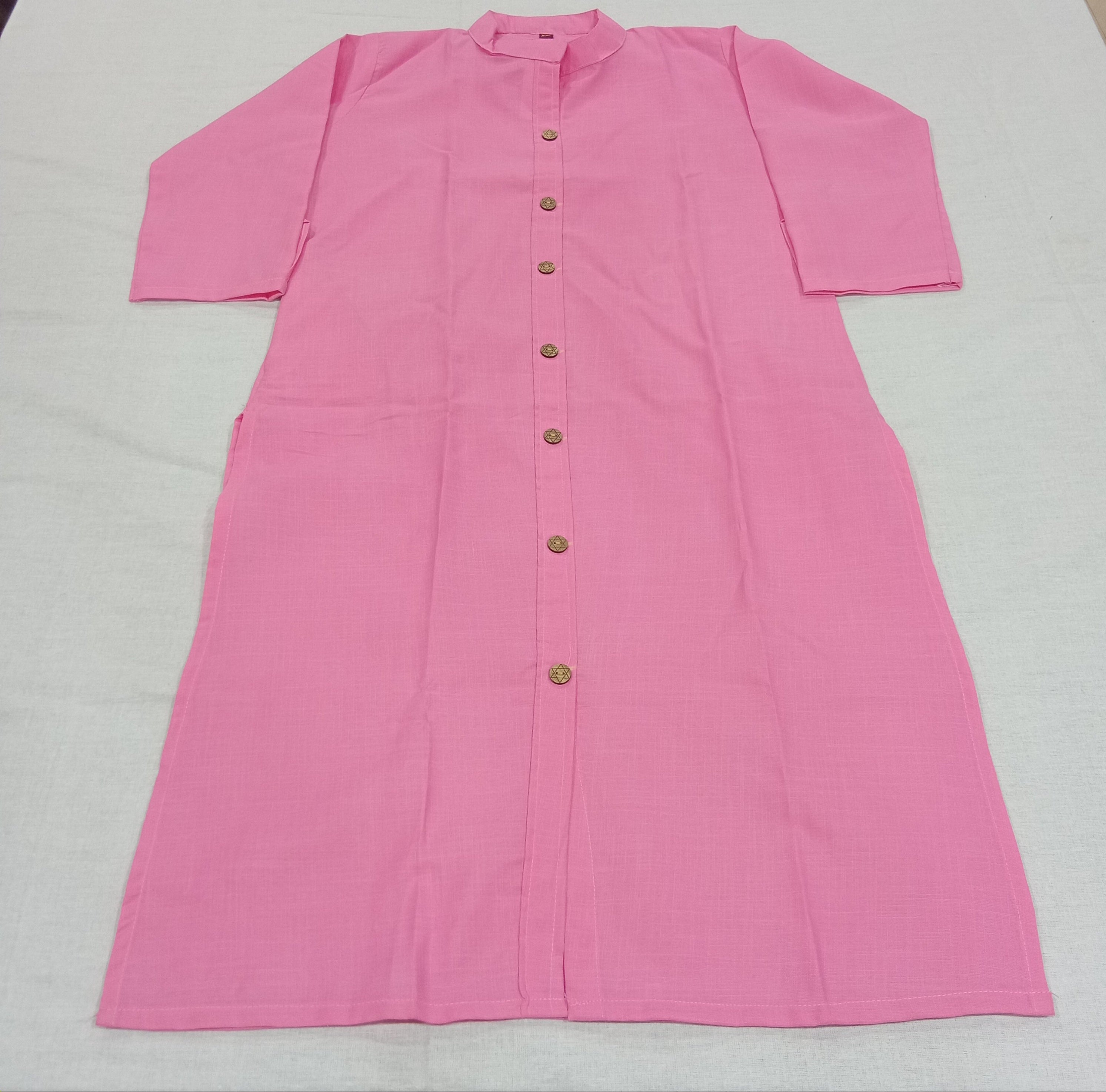 Cotton Kurti Straight Cut with Wooden Buttons in Pink Color
