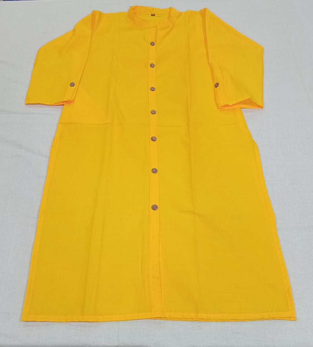 Cotton Kurti Straight Cut with Wooden Buttons in Yellow Color