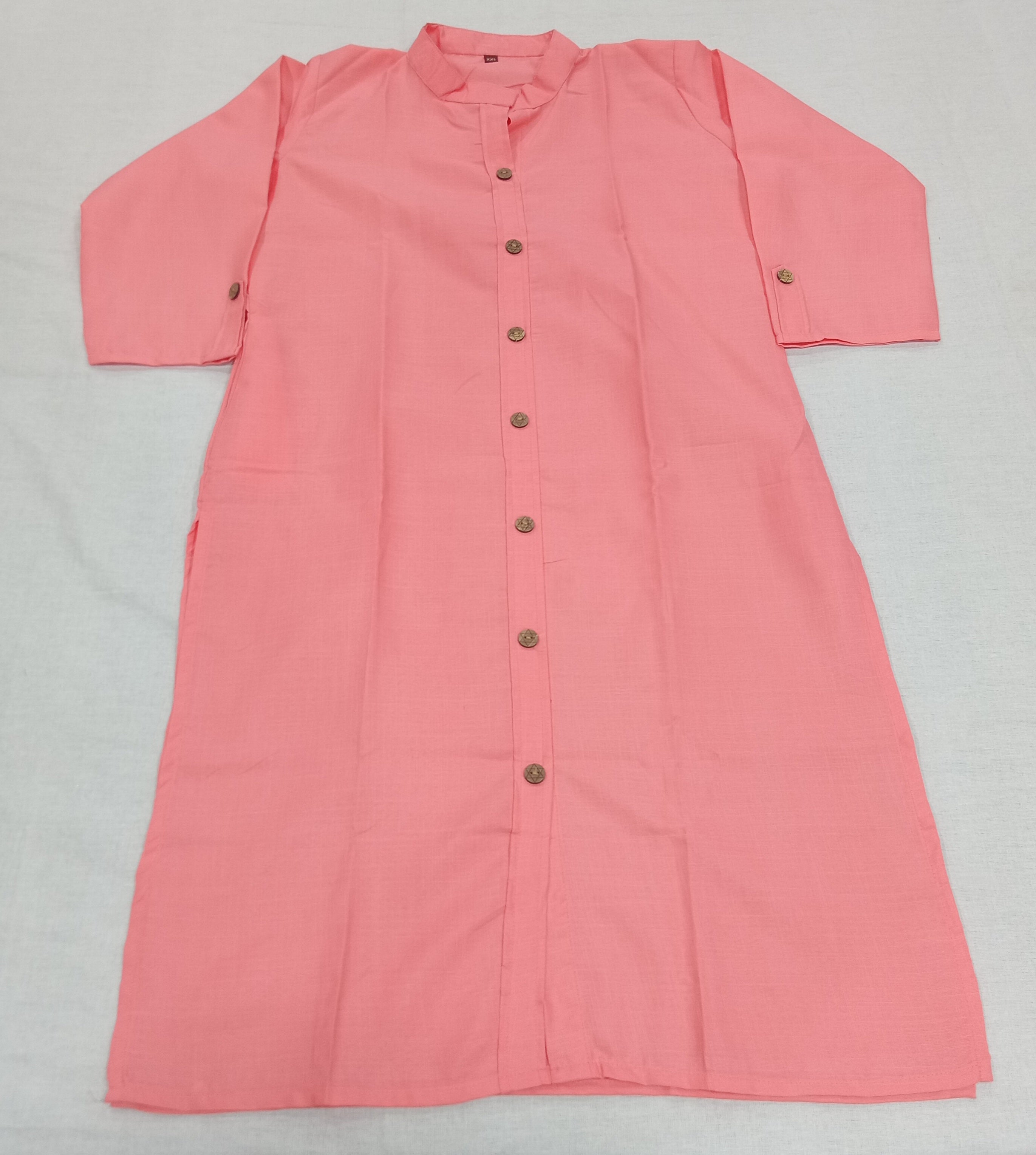 Cotton Kurti Straight Cut with Wooden Buttons in Peach Color