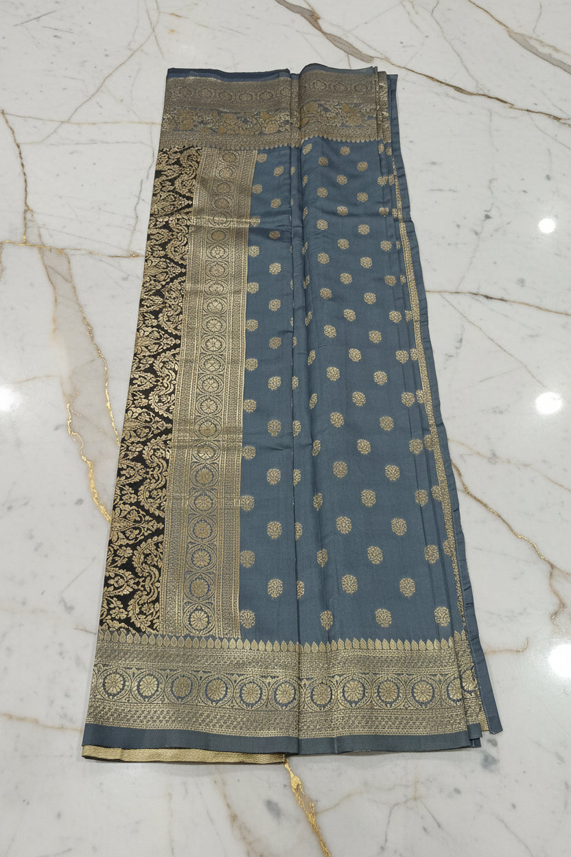 gold zari border and pallu of grey Banarasi silk saree
