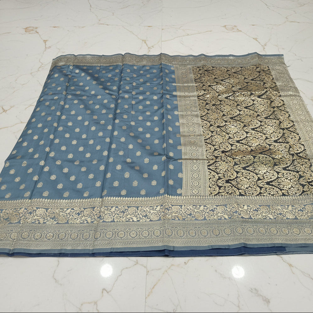 Grey Banarasi silk saree draped — Swan Silks