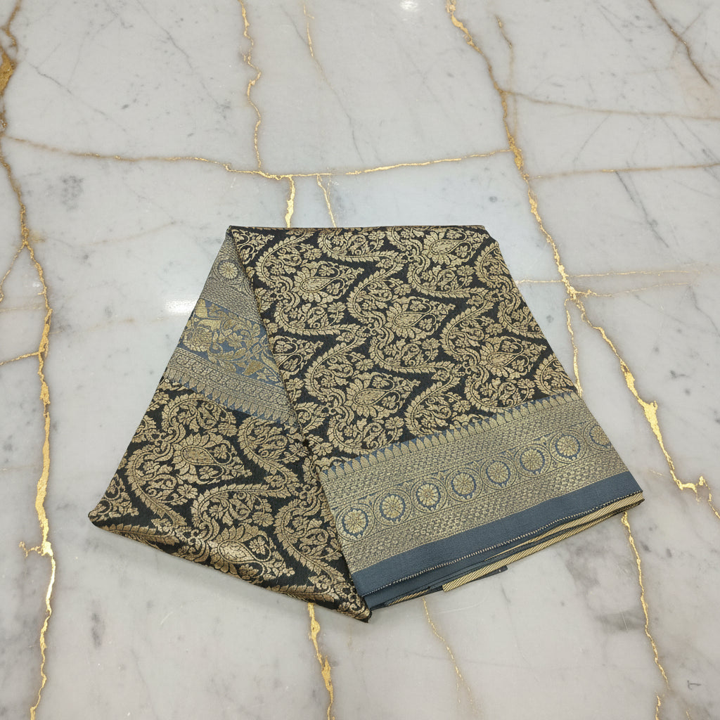 Grey Banarasi silk saree with gold zari buttas — full drape