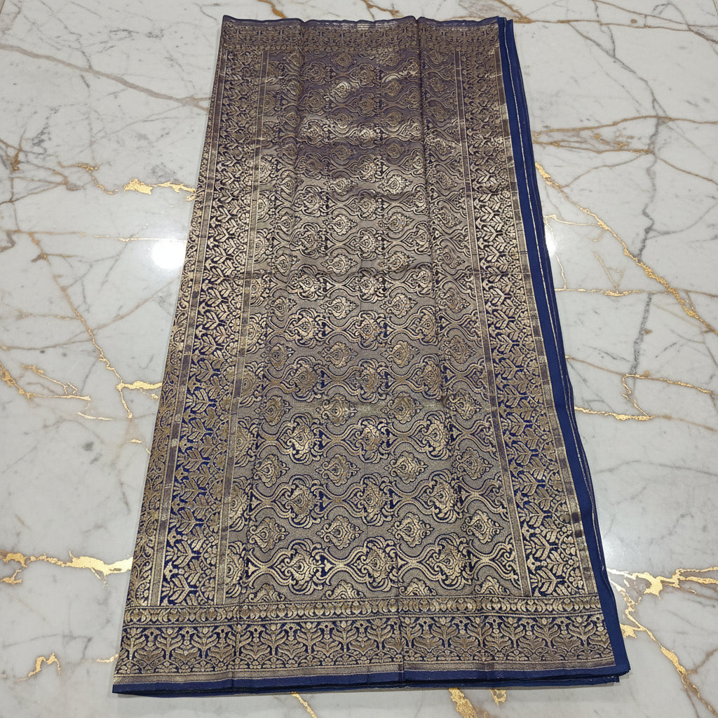 gold zari border and pallu of navy blue Banarasi silk saree