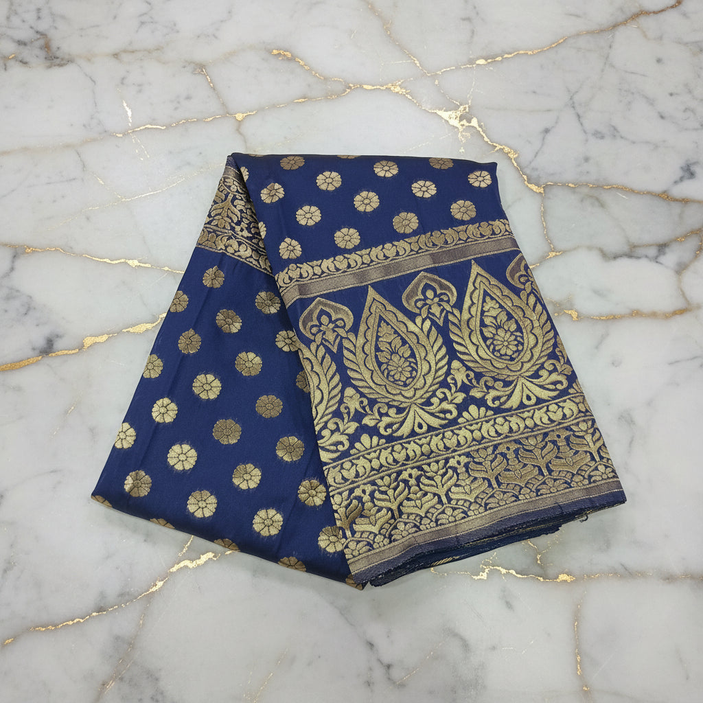 Navy Blue Banarasi silk saree with gold zari buttas — full drape