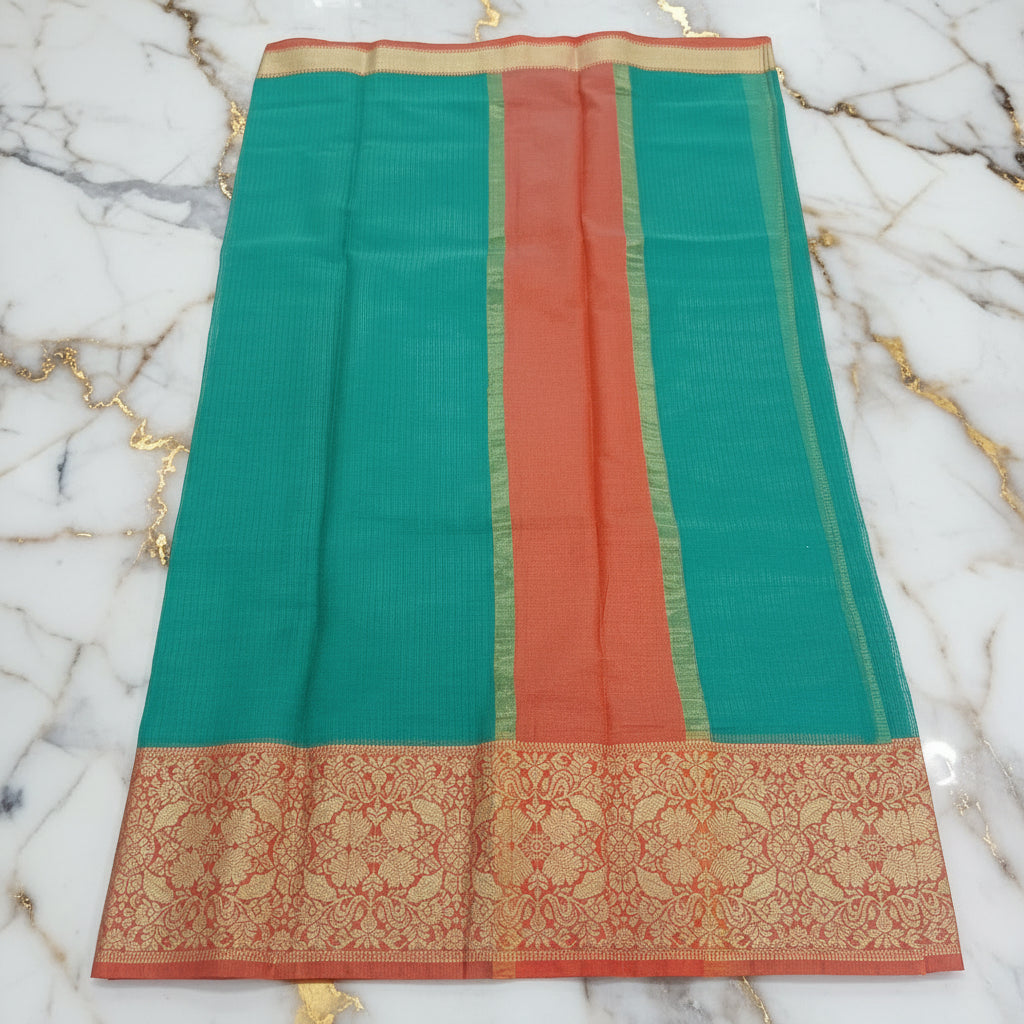 Silk Cotton Saree with intricate weaving border and pallu in Green Color with contrast borders