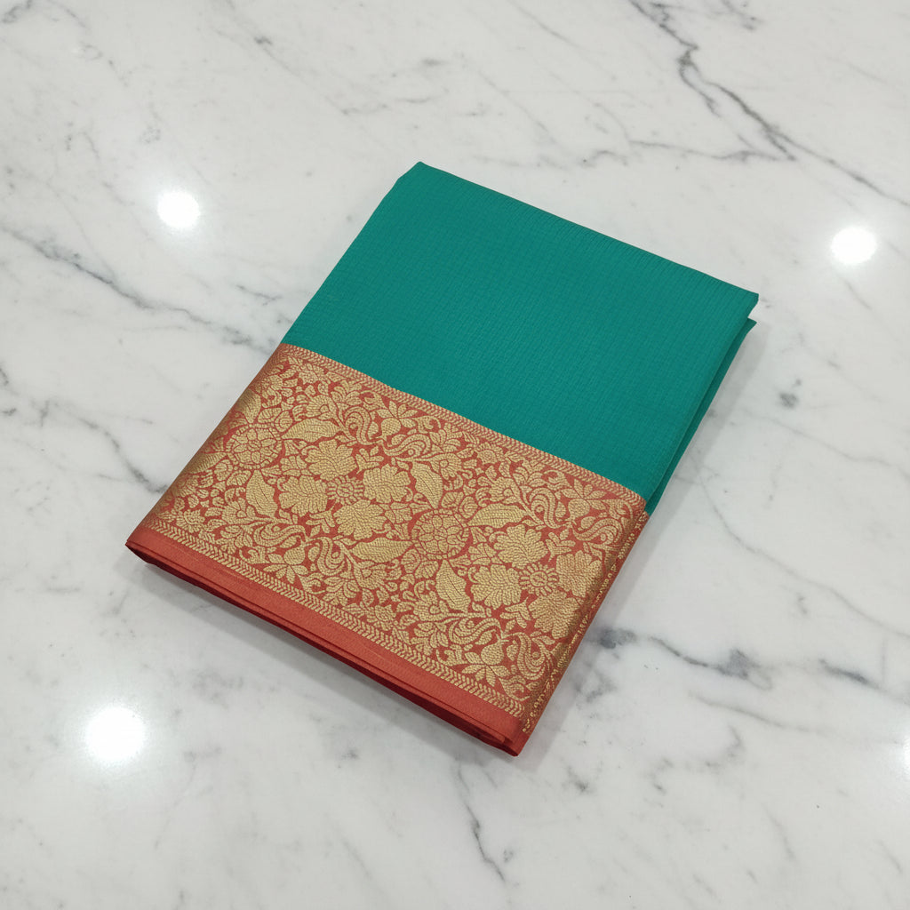 Silk Cotton Saree with intricate weaving border and pallu in Green Color with contrast borders