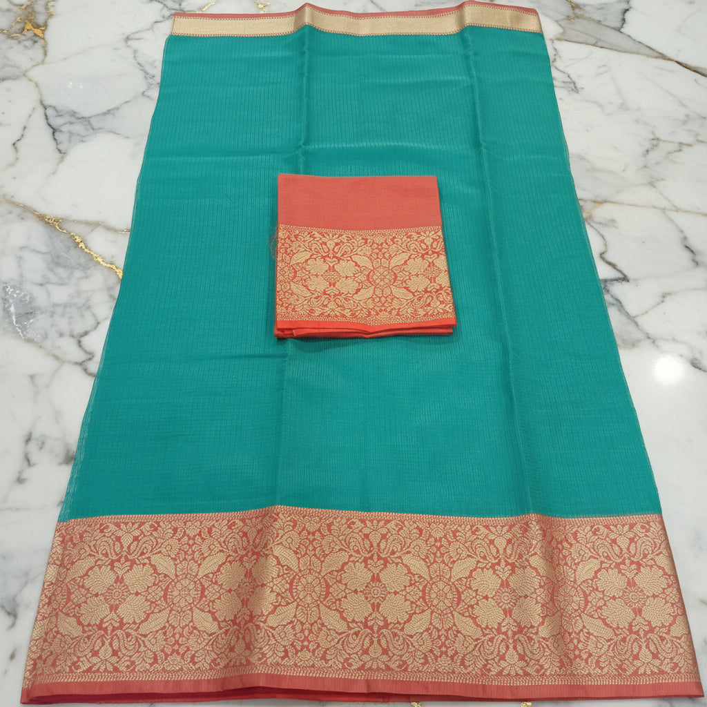 Silk Cotton Saree with intricate weaving border and pallu in Green Color with contrast borders