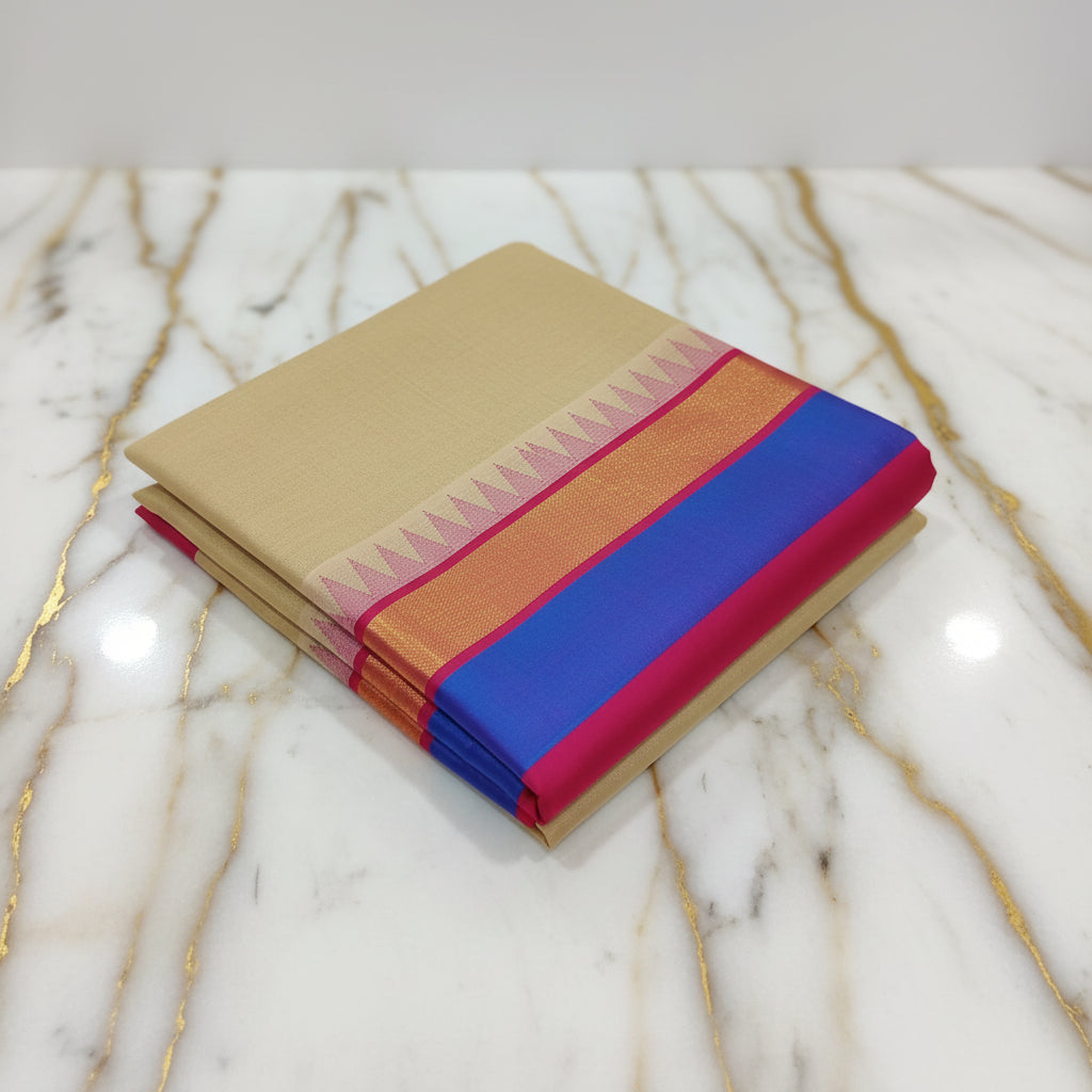 Silk Cotton Saree with intricate weaving border and pallu in Sandalwood Color with contrast Royal pink border and pallu