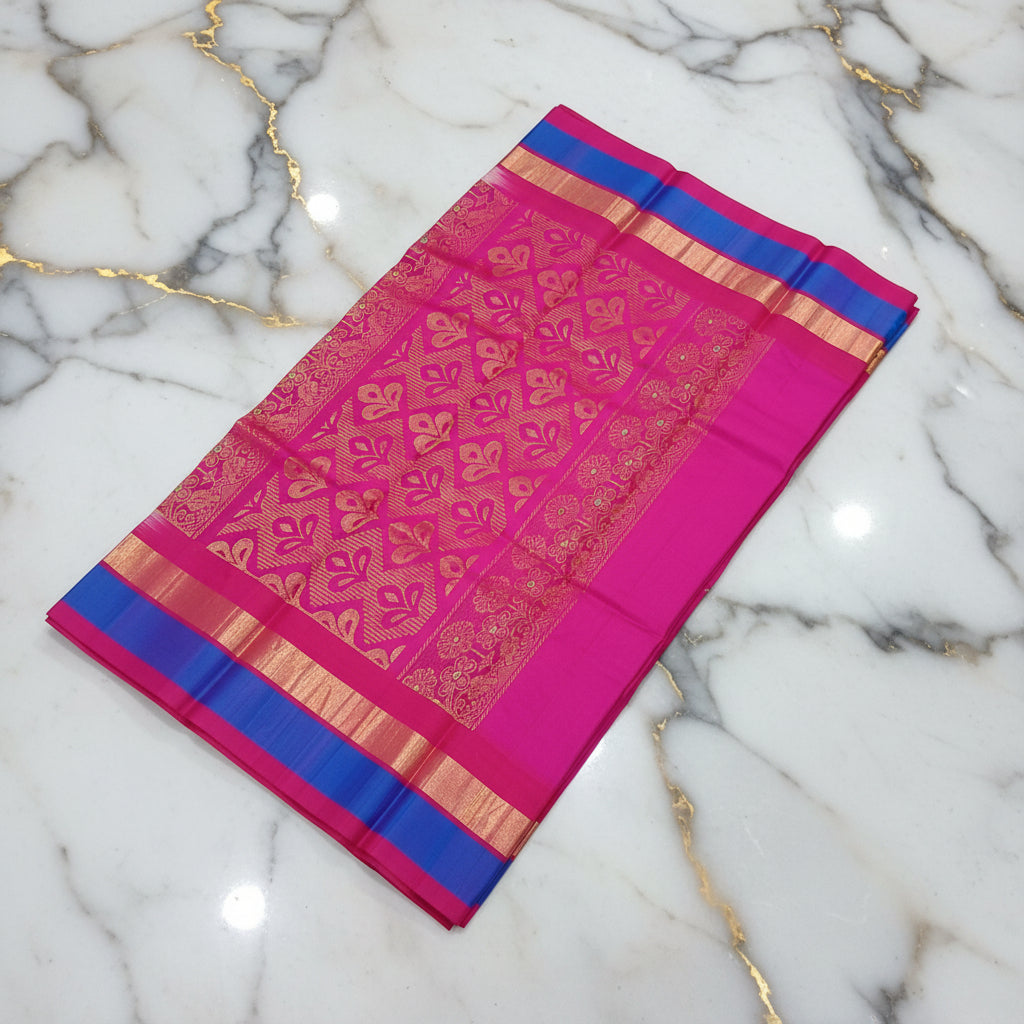 Silk Cotton Saree with intricate weaving border and pallu in Sandalwood Color with contrast Royal pink border and pallu