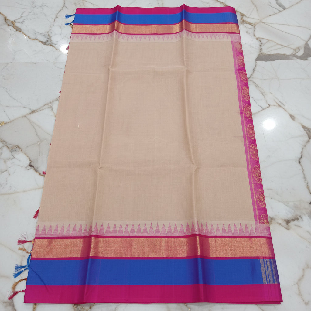 Silk Cotton Saree with intricate weaving border and pallu in Sandalwood Color with contrast Royal pink border and pallu