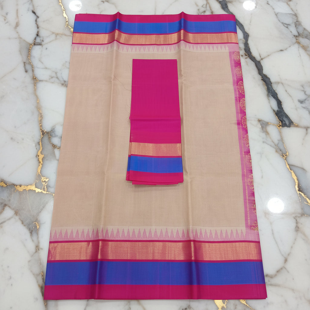Silk Cotton Saree with intricate weaving border and pallu in Sandalwood Color with contrast Royal pink border and pallu