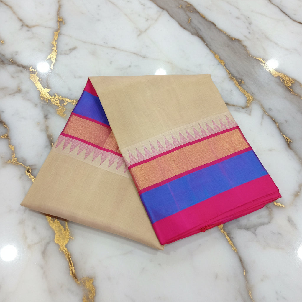 Silk Cotton Saree with intricate weaving border and pallu in Sandalwood Color with contrast Royal pink border and pallu