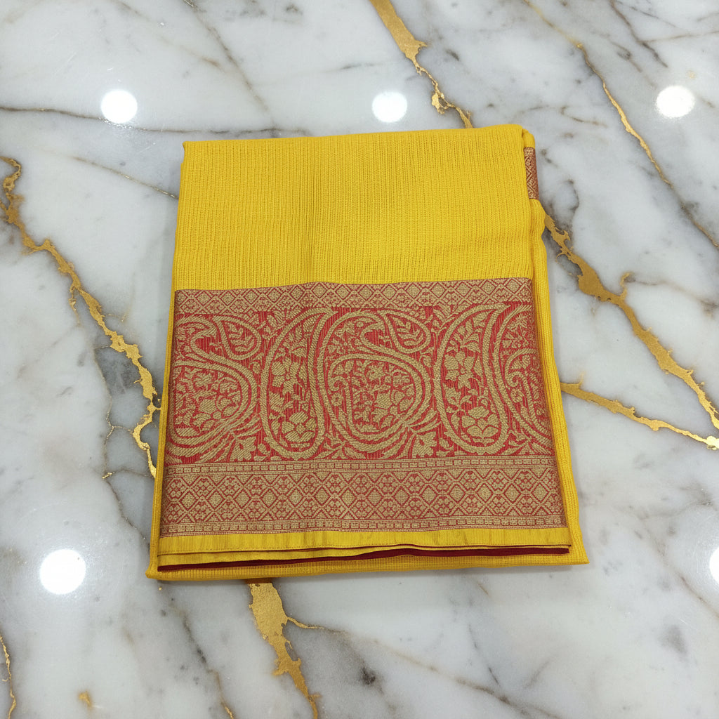 Silk Cotton Saree with intricate weaving border and pallu in Yellow Color with contrast Red border and pallu