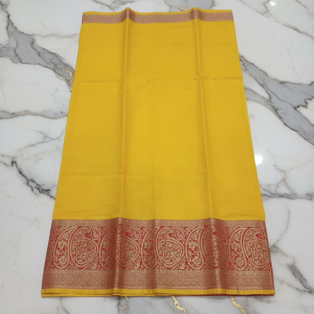 Silk Cotton Saree with intricate weaving border and pallu in Yellow Color with contrast Red border and pallu