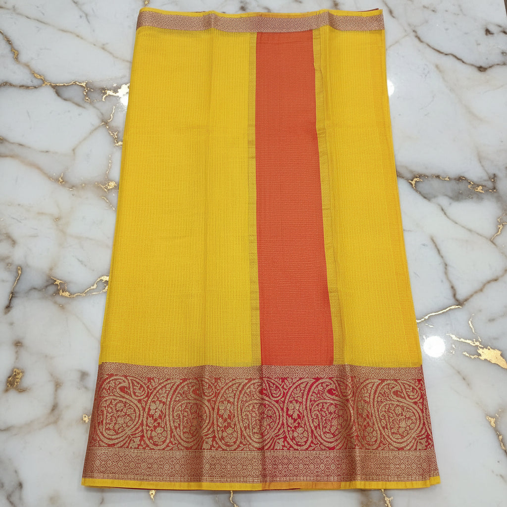Silk Cotton Saree with intricate weaving border and pallu in Yellow Color with contrast Red border and pallu