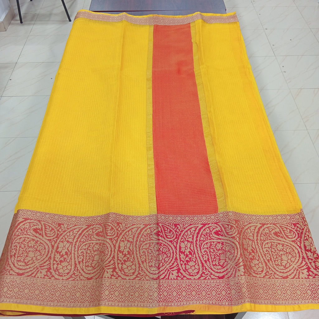 Silk Cotton Saree with intricate weaving border and pallu in Yellow Color with contrast Red border and pallu
