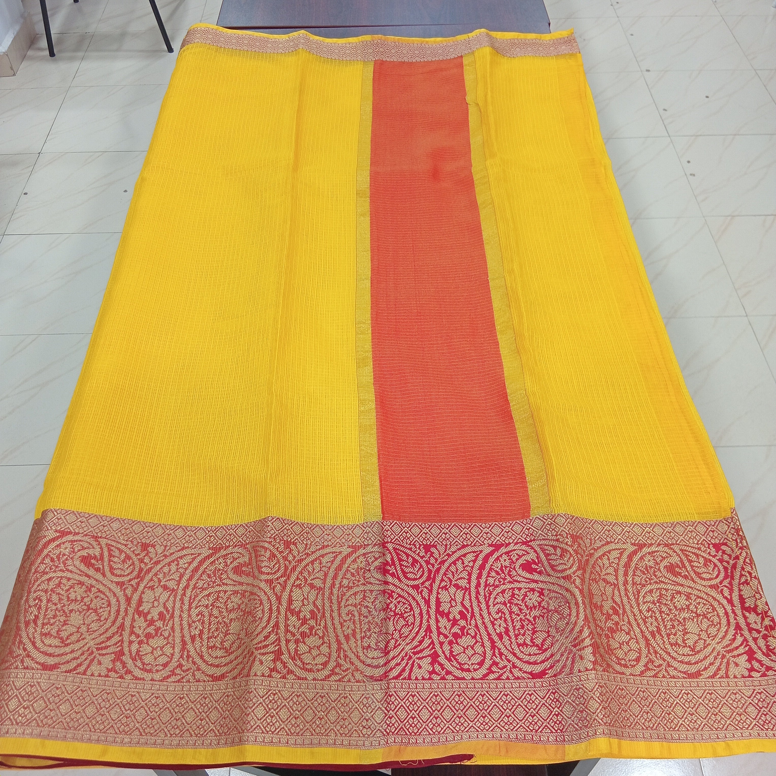 Silk Cotton Saree with intricate weaving border and pallu in Yellow Color with contrast Red border and pallu