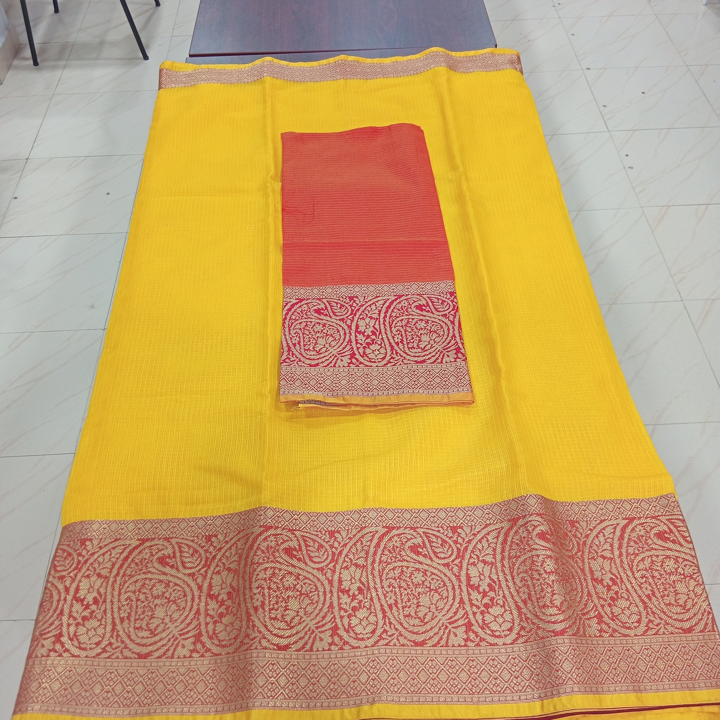 Silk Cotton Saree with intricate weaving border and pallu in Yellow Color with contrast Red border and pallu
