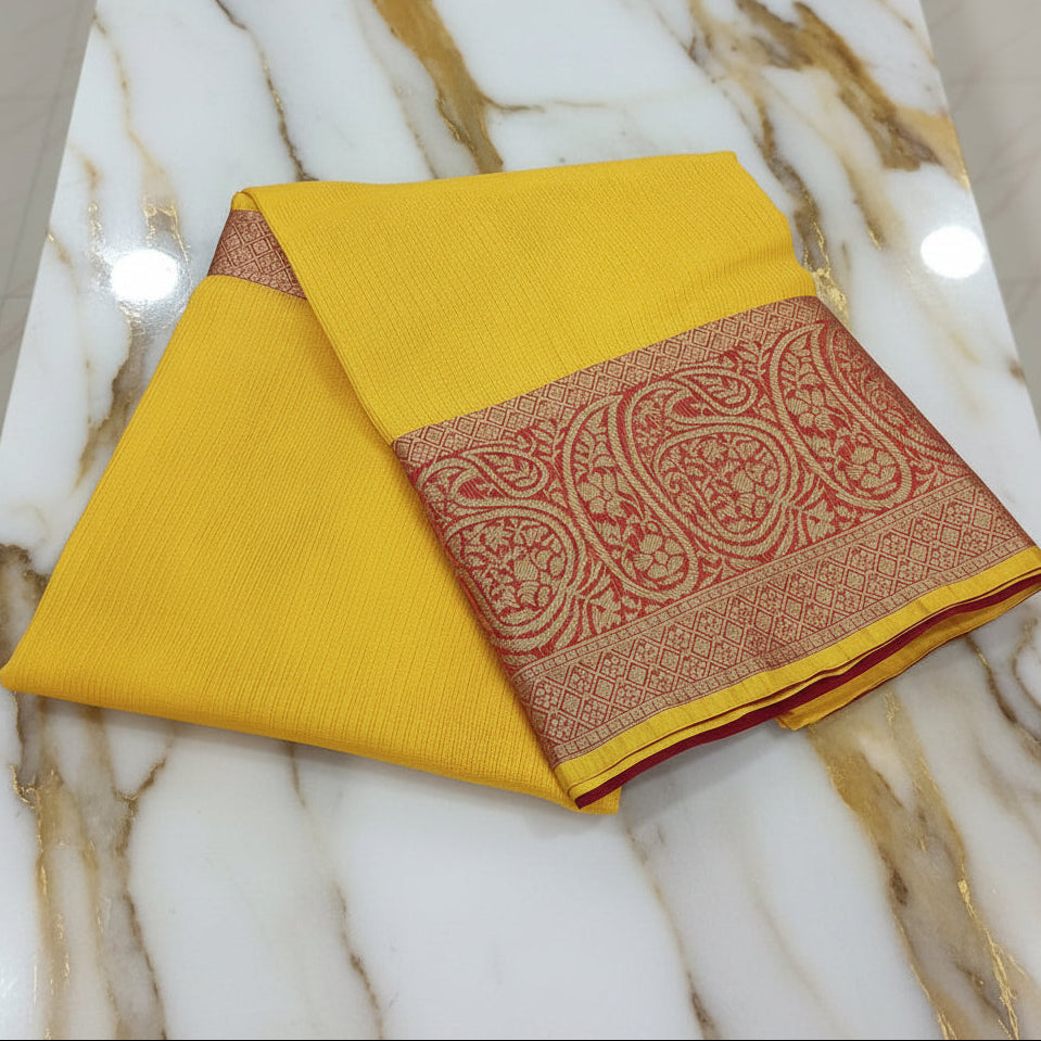 Silk Cotton Saree with intricate weaving border and pallu in Yellow Color with contrast Red border and pallu