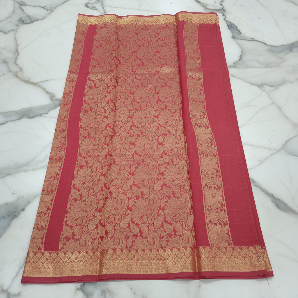 Silk Cotton Saree with intricate weaving border and pallu in Reddish Brown Color with Gold zari thread weaving