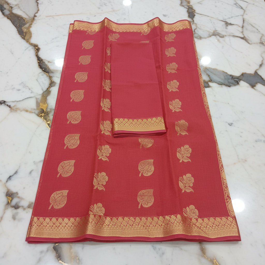 Silk Cotton Saree with intricate weaving border and pallu in Reddish Brown Color with Gold zari thread weaving