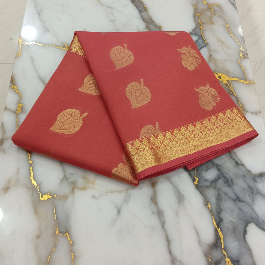 Silk Cotton Saree with intricate weaving border and pallu in Reddish Brown Color with Gold zari thread weaving