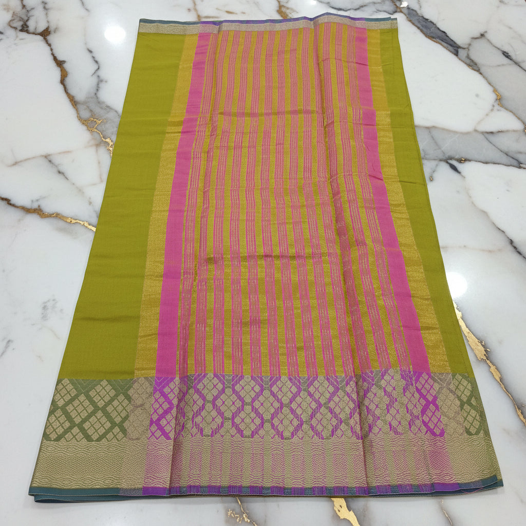 Silk Cotton Saree with intricate weaving border and pallu in Light Green Color with Gold zari thread weaving and Size 38 Saree blouse