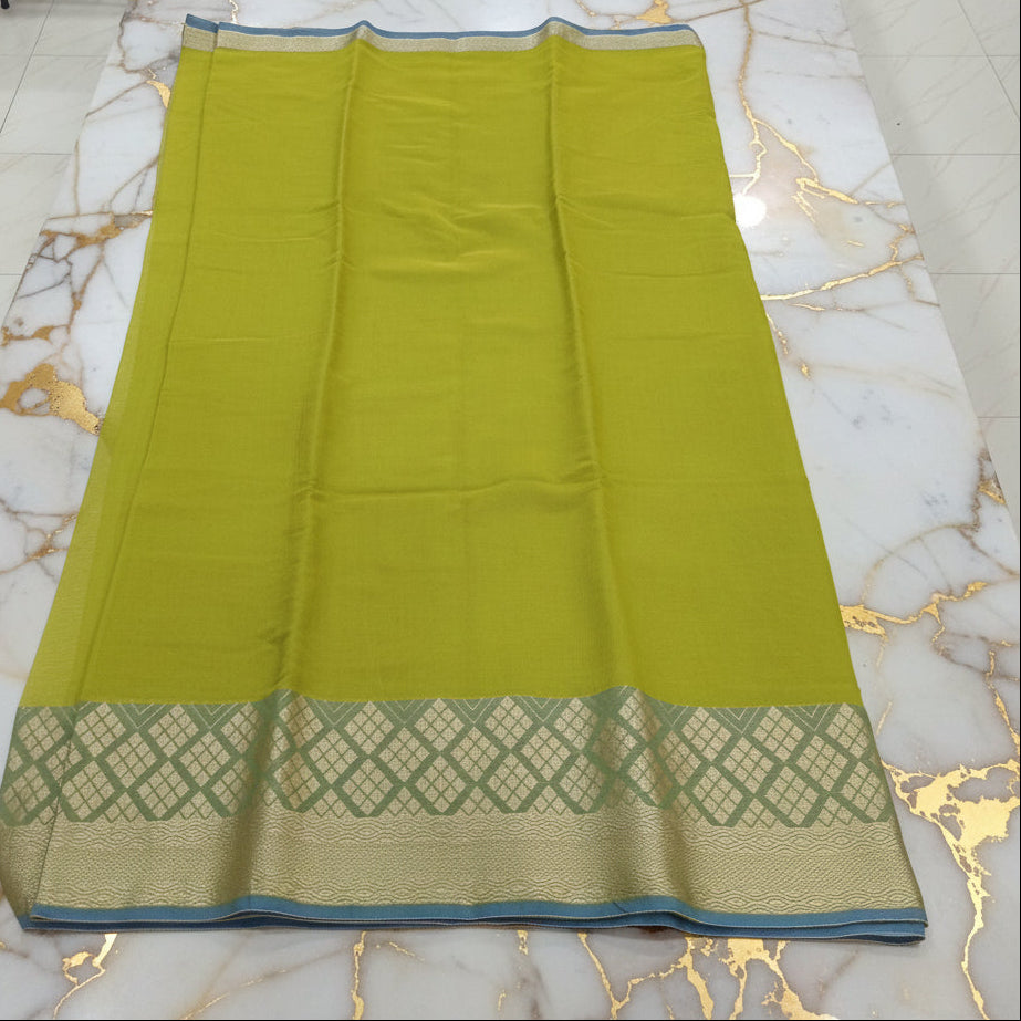 Silk Cotton Saree with intricate weaving border and pallu in Light Green Color with Gold zari thread weaving and Size 38 Saree blouse