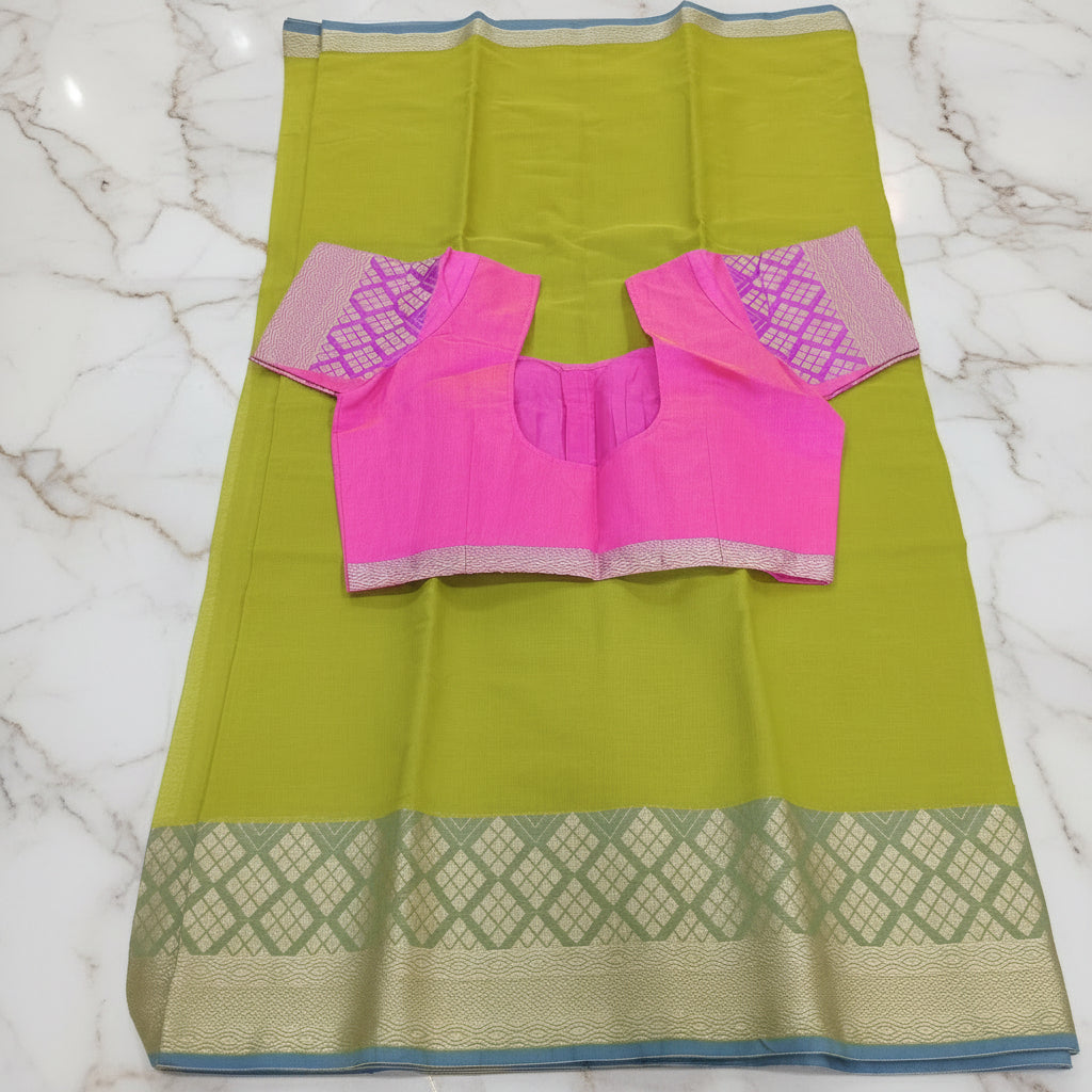 Silk Cotton Saree with intricate weaving border and pallu in Light Green Color with Gold zari thread weaving and Size 38 Saree blouse